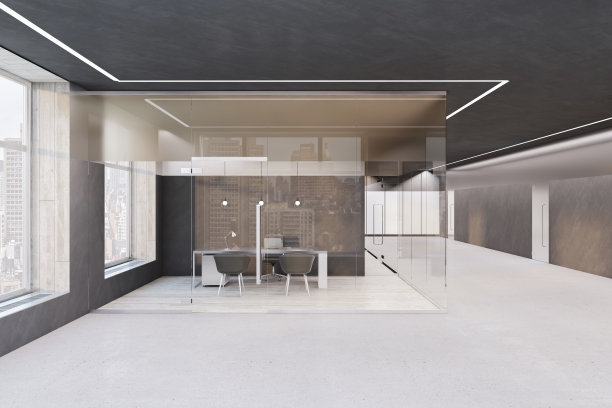 豪华的混凝土和玻璃办公室内部，窗户和城市景观。3 d渲染。图片下载