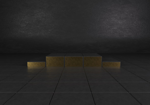 黑色的石头和金色的立方讲台，在暗室里。空的平台或基座显示，3d渲染插图。图片下载