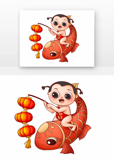 原创元素新年骑鱼打灯笼男孩图片下载