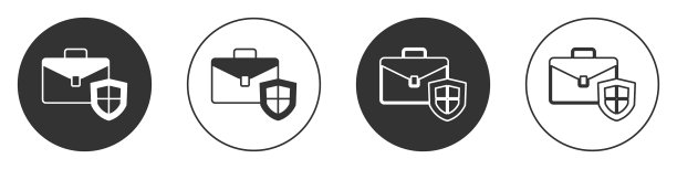 黑色公文包与盾牌图标孤立的白色图片下载