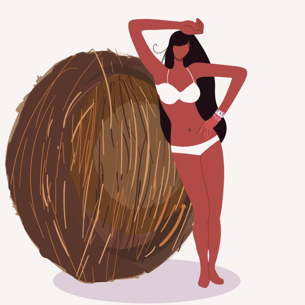 矢量插图的一个小美丽的女孩在一个巨大的椰子泳衣，适合夏天的主题，度假的海滩，夏天的咖啡馆，夏天的聚会。图片下载