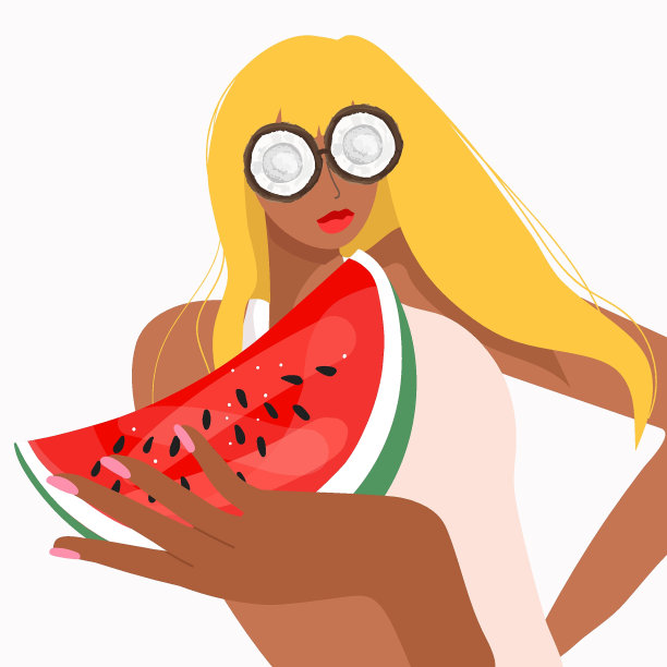 矢量插画的女孩，女人在海洋景观的背景上冷静下来，在莲花的位置，在杯子里的椰子形状，夏天的氛围，椰子新鲜，冰沙，有趣。图片下载