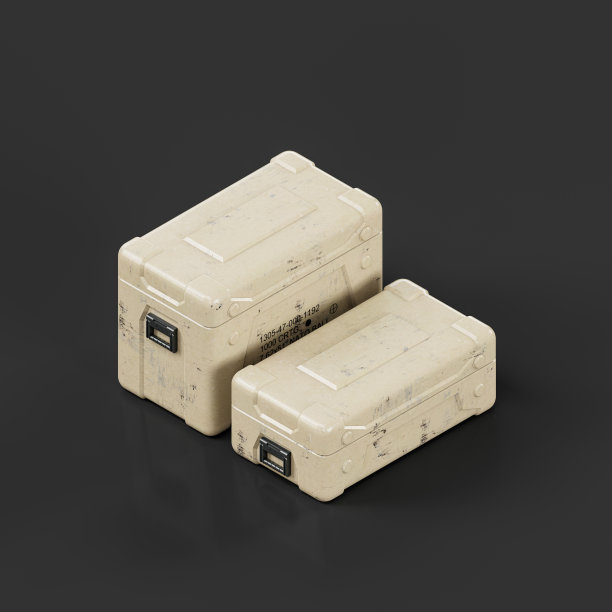 军用塑料板条箱。弹药和军用物品箱，3d渲染图片下载