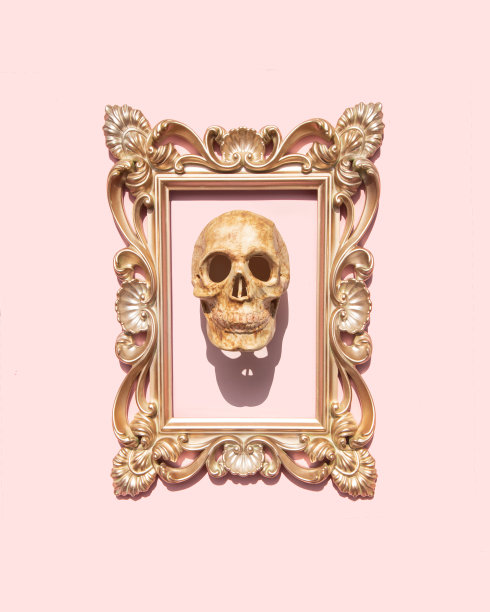 创造性的万圣节的概念。可怕的头骨在复古框架上粉彩亮粉色的背景。简约的假期作文。图片下载