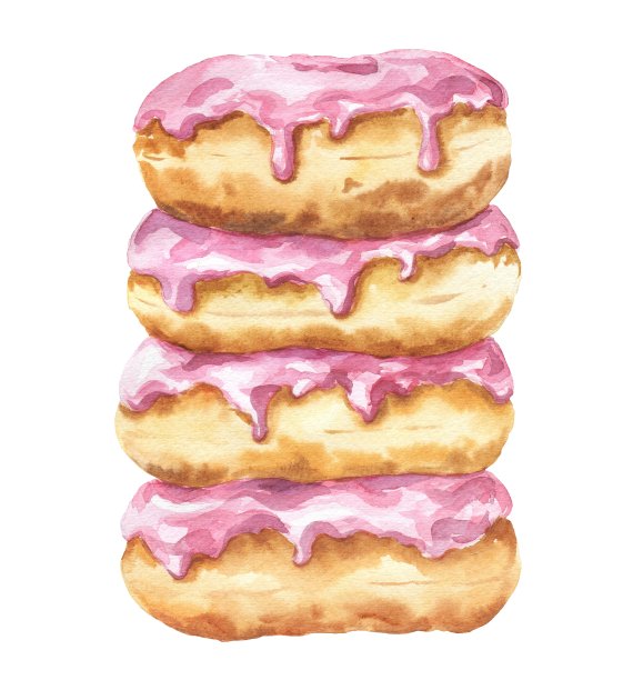 甜甜圈堆叠，甜甜圈配粉色草莓酱。食物的例子。图片下载