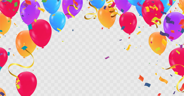 盛大的开幕卡设计气球各种颜色和彩带五彩纸屑，彩色周年插图图片下载