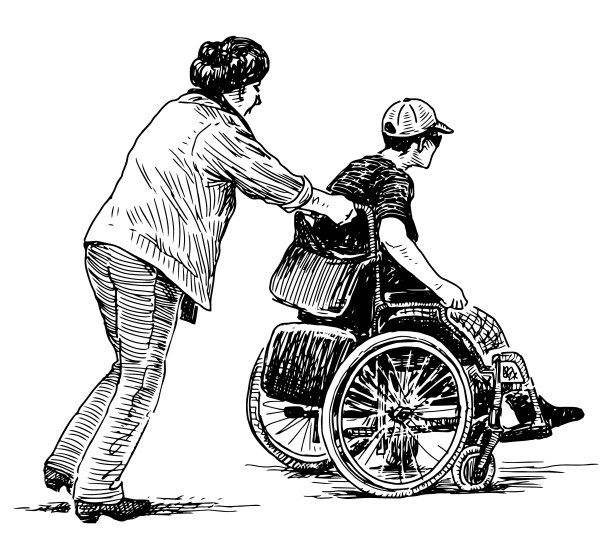 轮椅上的年轻人和护工的素描图片下载