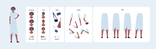 字符diy套件。矢量平面设计人插图。女性构造函数元素集。非洲老年成年女性化身具有各种情感、头发、皮肤、包、手和腿的构造元素图片下载
