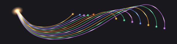 光纤电缆;光纤网络技术。彩色霓虹灯发光效果，脉冲线，黄色，蓝色，绿色和紫色波浪漩涡。闪电雷击。矢量图图片下载