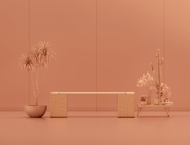 单色室内的木制公园长凳和植物，3d渲染图片下载