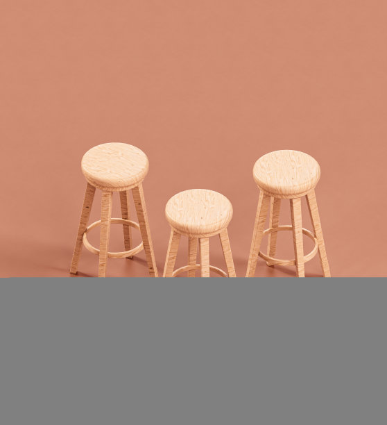 单色室内等距木制高脚凳。家用对象。三维渲染图片下载