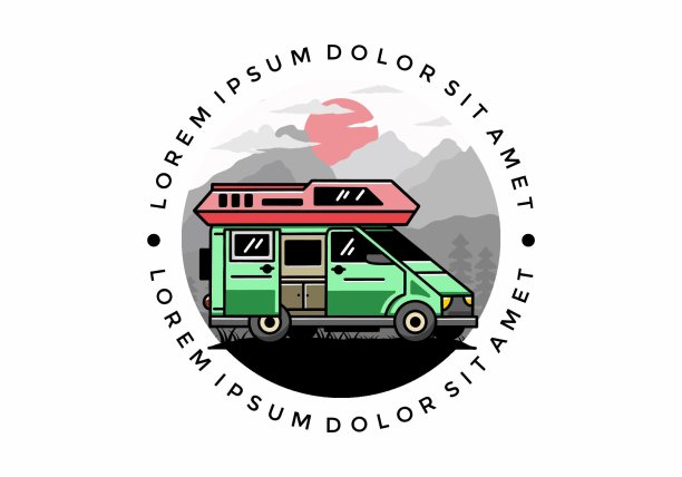 带有滑动门的野营插画徽章设计的大货车图片下载