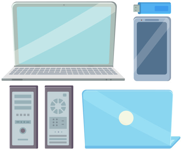 智能手机，平板电脑，电脑显示器，USB闪存驱动器和笔记本电脑图标设置在平面设计风格图片下载
