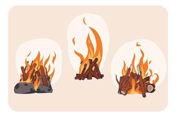 篝火。平面矢量卡通孤立。带有轮廓的程式化插图。图片下载