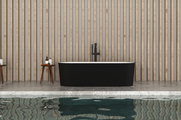 浴室有黑白浴缸，在木墙前的池水上有倒影图片下载
