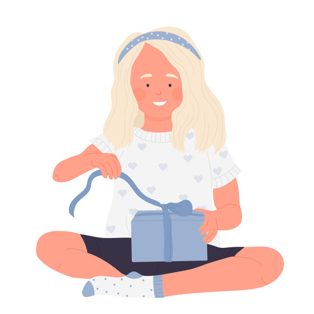 快乐小女孩打开彩带礼物图片下载