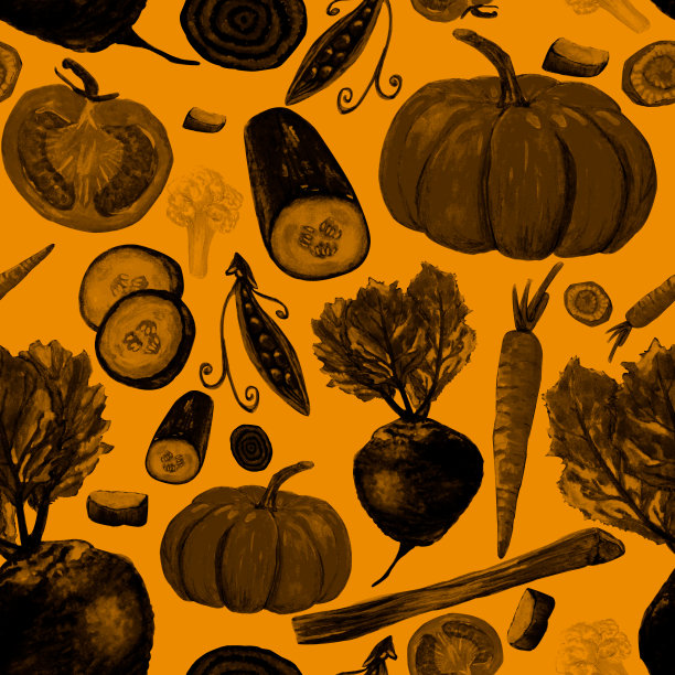 水彩图案素食蔬菜，健康食品的橙色背景为您无缝设计，手绘插图图片下载