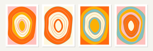 极简几何海报设计。中世纪现代包豪斯风格的艺术作品。矢量抽象艺术设置与圆在粉彩粉色，黄色，蓝色，橙色和off白色。图片下载