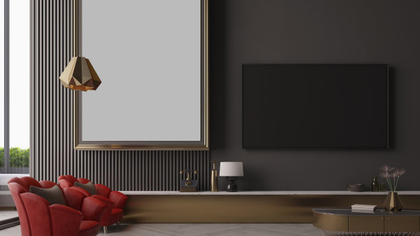 现代经典客厅与红色扶手椅，空白艺术绘画和电视在黑暗的墙壁。三维渲染图片下载