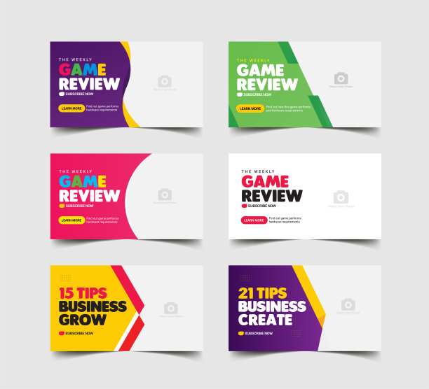 视频游戏审查视频缩略图和网页横幅模板。可编辑的视频封面照片设计的社交媒体图片下载