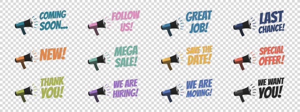 商业公告扩音器素材：隔离于透明背景上的不同矢量插画图片下载