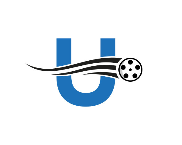 首字母U电影标志概念与电影卷媒体标志，电影导演符号向量模板图片下载