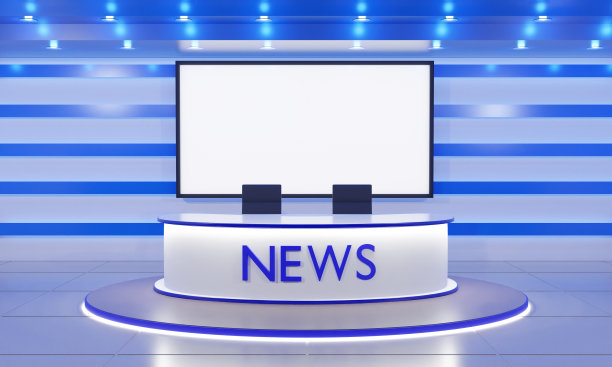 在红色的新闻演播室里，白色的桌子和led屏幕背景。3 d渲染。图片下载