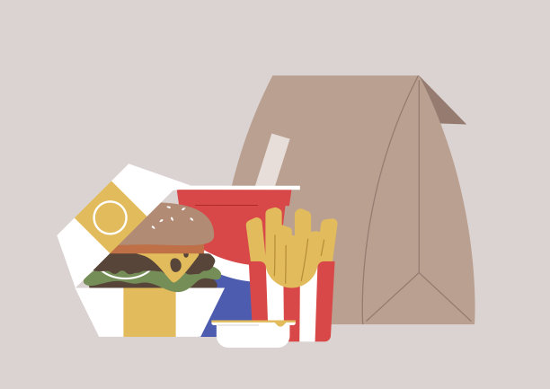 一份外卖快餐，一个纸盒汉堡，薯条，还有带吸管的苏打水图片下载