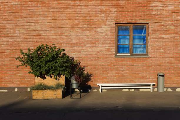 蓝色的窗户，橙色的砖墙，木制的盒子，植物和长凳图片下载