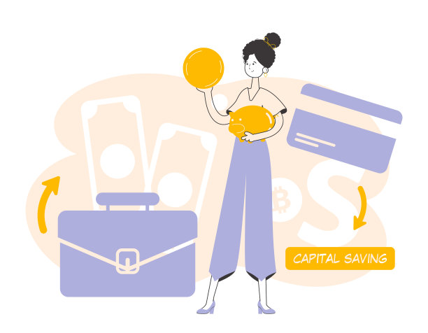 一个女人手里拿着一枚硬币和一个储蓄罐。省钱的主题。线性风格。图片下载