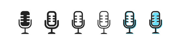 麦克风图标。复古麦克风矢量符号。简单的轮廓无线电图标。音频语音图标设置。唱，黑色和蓝色的网页图标。EPS10图片下载