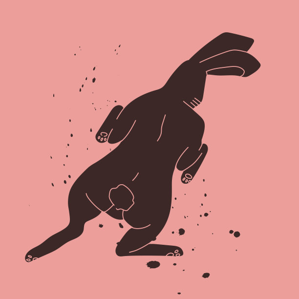 黑色兔子在粉红色的背景与黑色的飞溅。野兔在飞或在跳。2023年的象征。矢量新潮插图设计，t恤印花，贴纸。图片下载