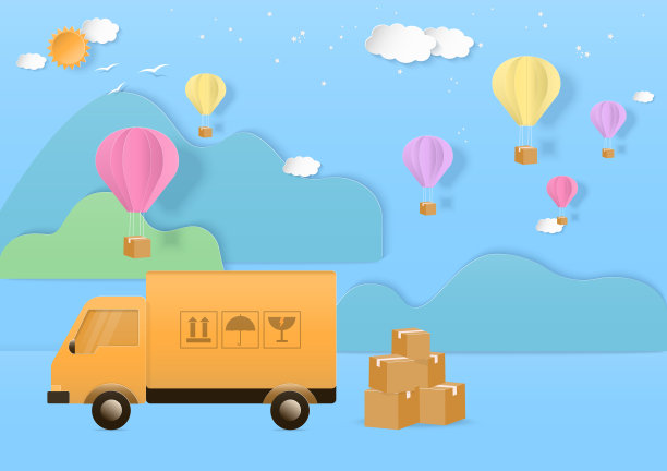 蓝色背景上有卡车和热气球的送货服务图片下载