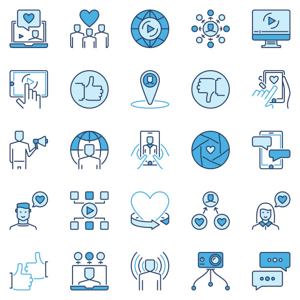 视频博客和个人品牌彩色矢量图标集合图片下载