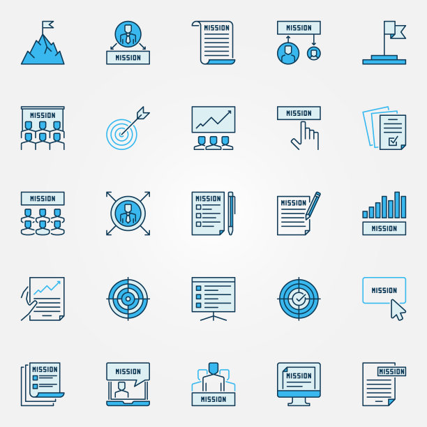 使命声明蓝色图标设置。向量业务迹象图片下载