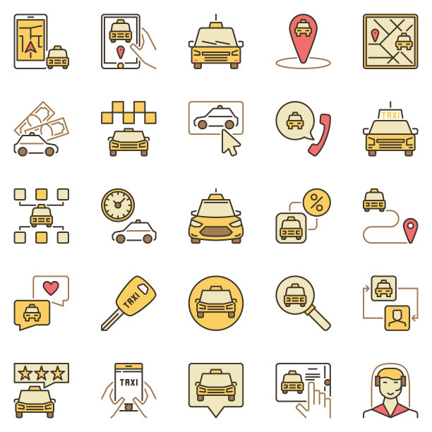出租车彩色矢量图标设置。出租车招牌服务理念创意图片下载