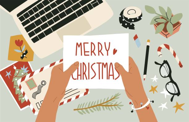 创造性的过程。手工制作，创造圣诞装饰，祝贺和卡片。节日快乐。写信给圣诞老人，写圣诞愿望清单。平面风格的矢量插图。图片下载