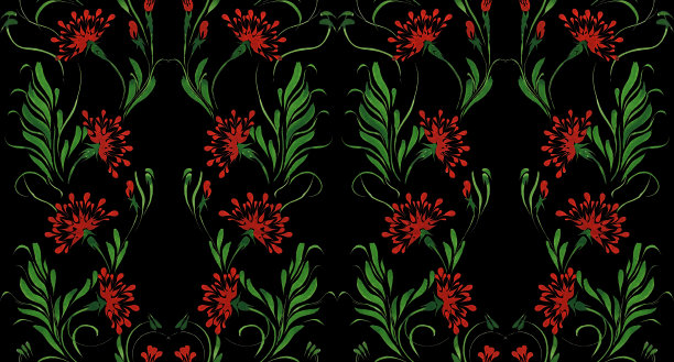 乌克兰民间绘画风格Petrykivka。花卉水彩无缝图案从红色莳萝花和绿色茴香叶在黑色背景图片下载
