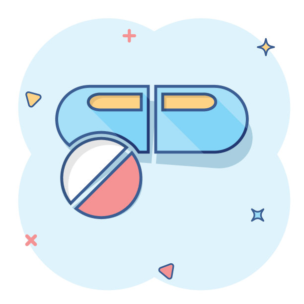 矢量卡通胶囊药丸药片图标在漫画风格。药片概念插图象形图。胶囊与药品的商业溅射效应概念。图片下载