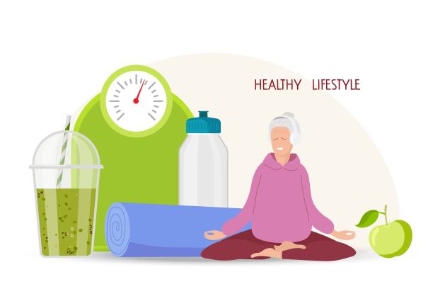 老年健康的生活方式。健身配件，苹果，垫子，天平，瓶子，冰沙。老年白人妇女坐在莲花姿势。穿着运动服的女人在做瑜伽。老年妇女健康的生活方式图片下载