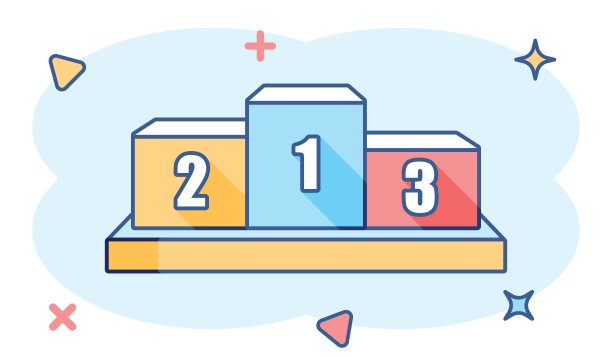 获胜者领奖台与奖杯图标在漫画风格。基座插图在白色背景。金、银、铜奖喷溅效果概念。图片下载