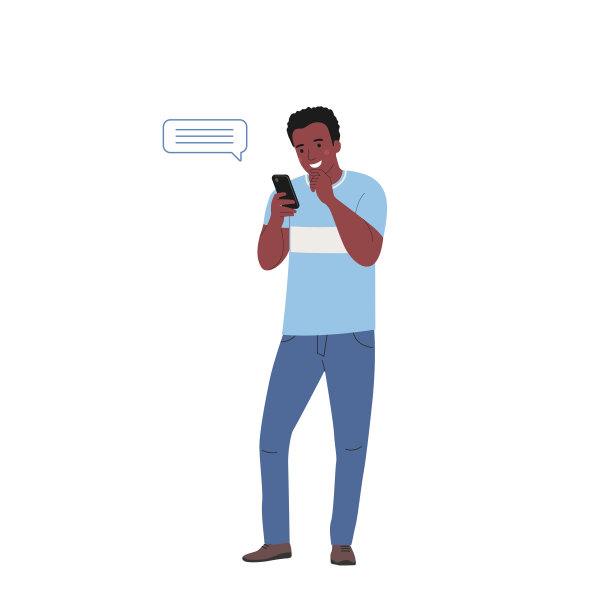 深色皮肤的年轻人看着智能手机。男人站得很高。矢量平面样式插图图片下载