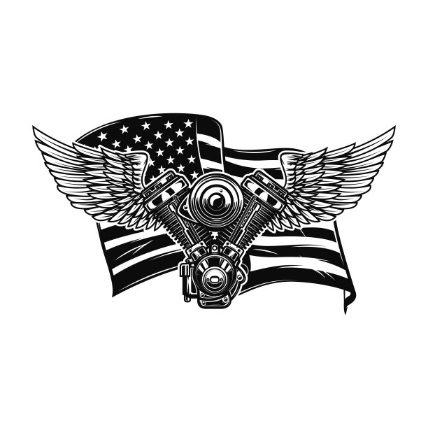 在美国国旗背景上的双引擎和翅膀的插图。设计元素为海报，卡片，旗帜，标志，徽章。矢量图图片下载