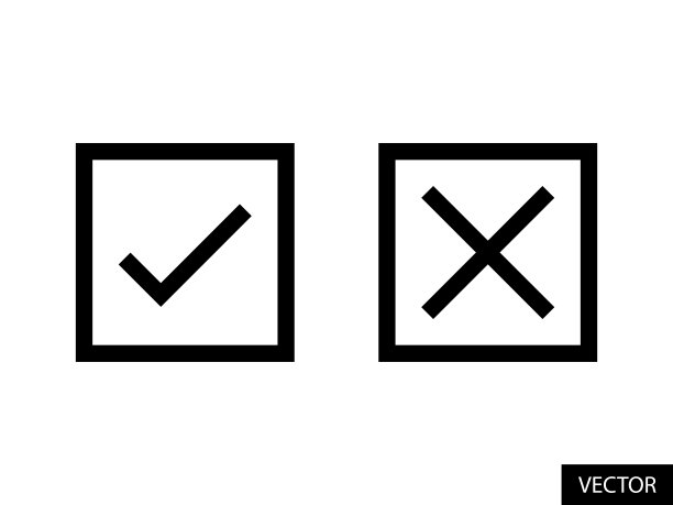 方形勾选和交叉检查标记，复选标记，复选框，勾选和交叉标记在框矢量图标在线条样式设计孤立在白色背景。可编辑的中风。图片下载