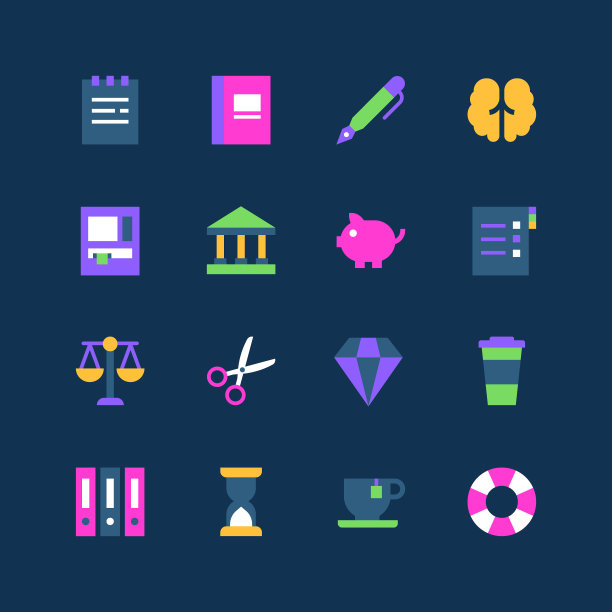 办公室和文书工作-一套平面设计风格的霓虹灯图标图片下载