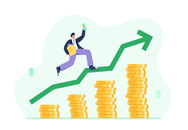经济增长的概念。股票市场成长，盈利，投资成功。一个商人跳上越来越大的硬币堆。矢量平面插图。图片下载