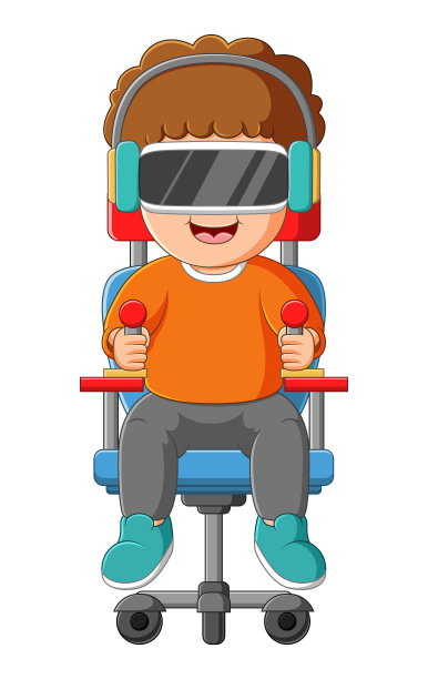 卷发男孩在椅子上玩虚拟现实游戏图片下载