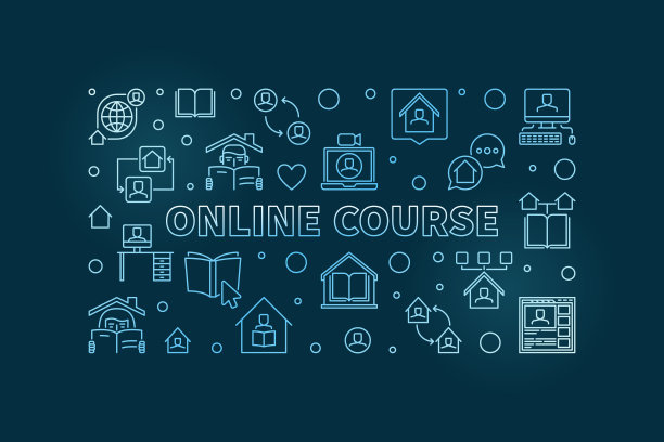 在线课程矢量蓝色轮廓水平横幅图片下载