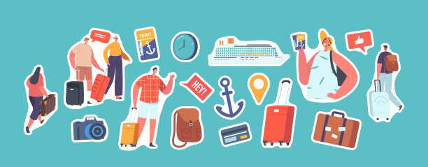 一套航海船夏日之旅的贴纸。人们在邮轮甲板上登船。字符与行李图片下载