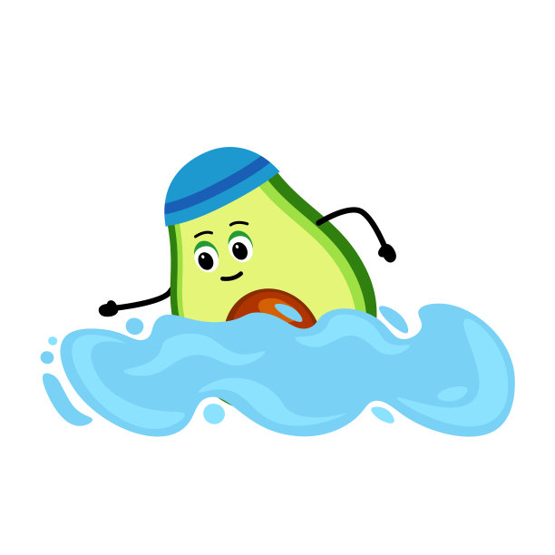 可爱的鳄梨角色做运动游泳。矢量图图片下载